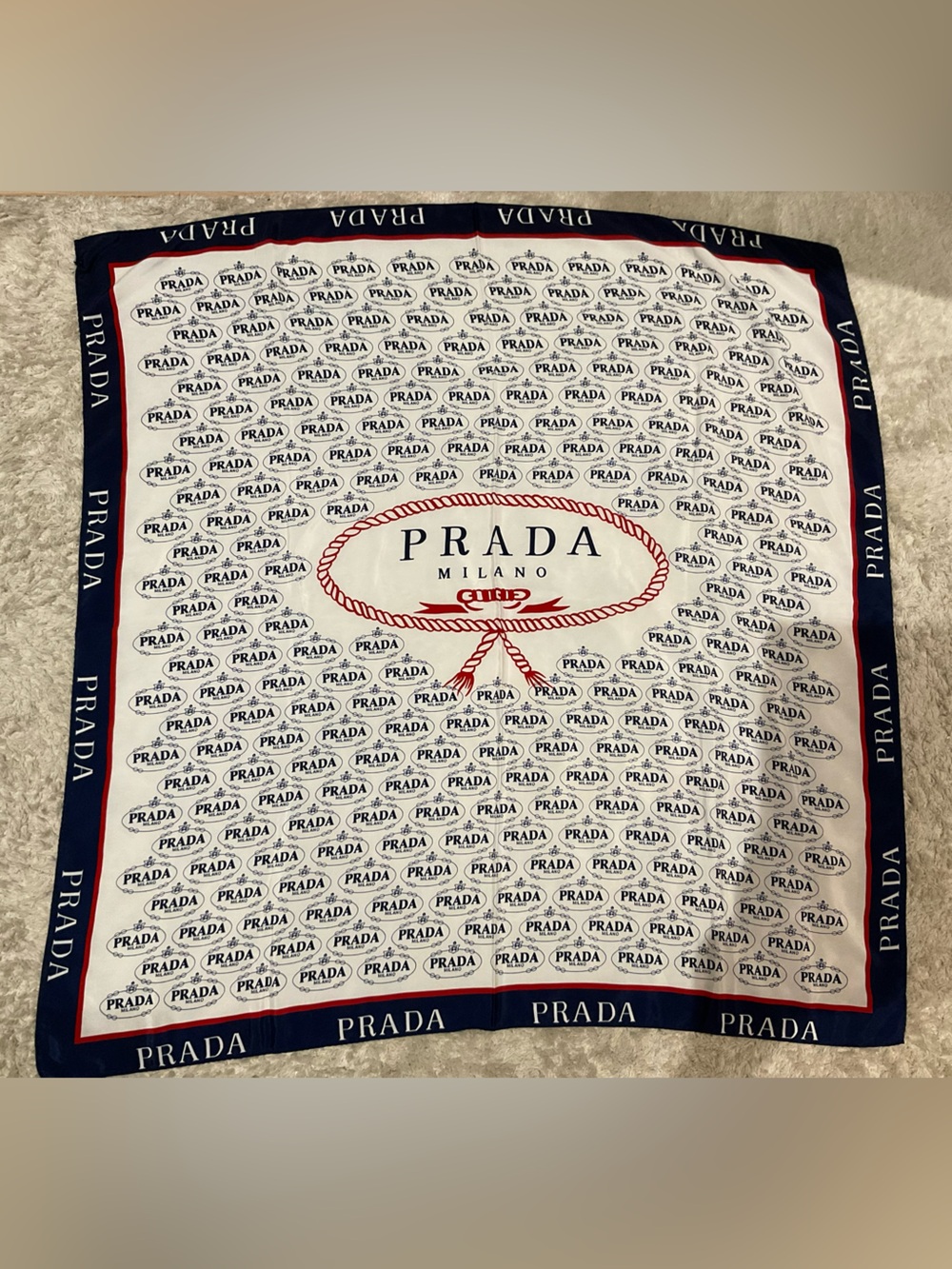 Prada White Navy Red Logo Silk Scarf